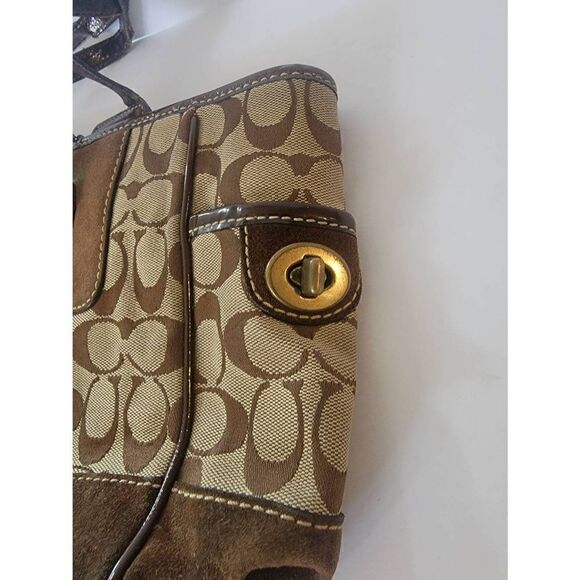 Coach Leatherware Women's Brown Signature Canvas Suede Trim Shoulder Bag - Picture 7 of 10